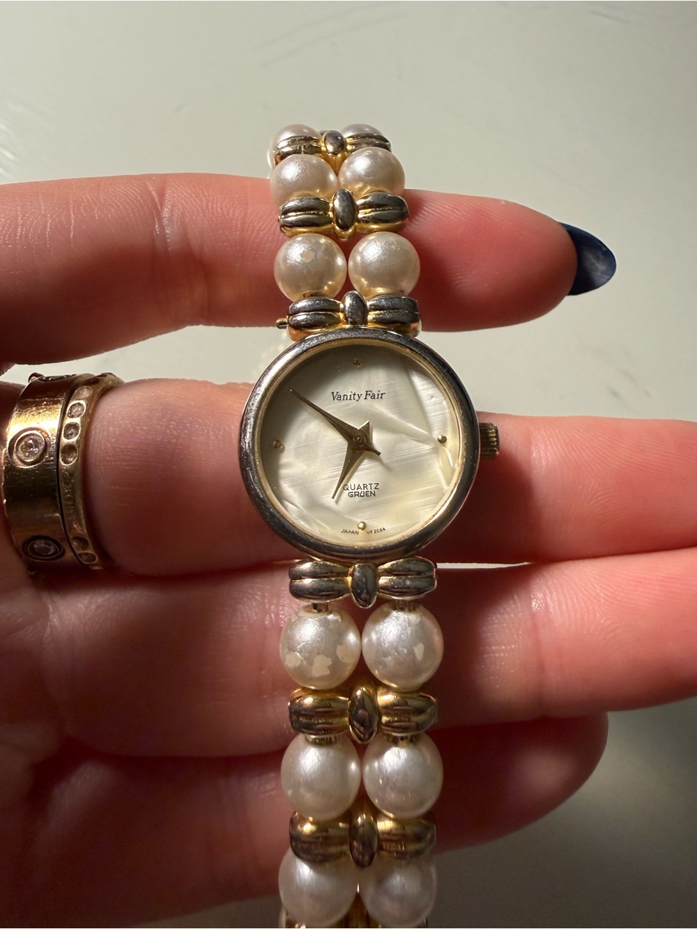Vanity Fair Vintage Watch Women Gold Tone Pearl Band